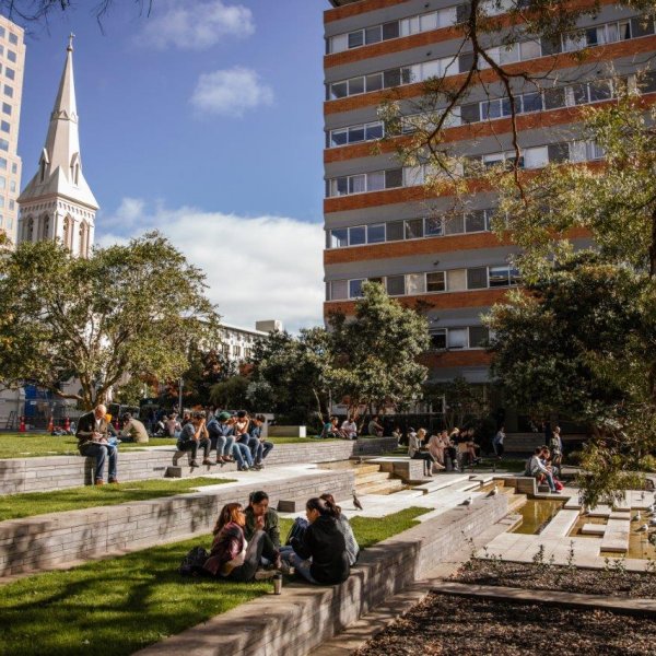People enjoying lunch and each others' company at lunchtime in St Patrick's Square in Auckland's city centre. Image: Sacha Stejko.