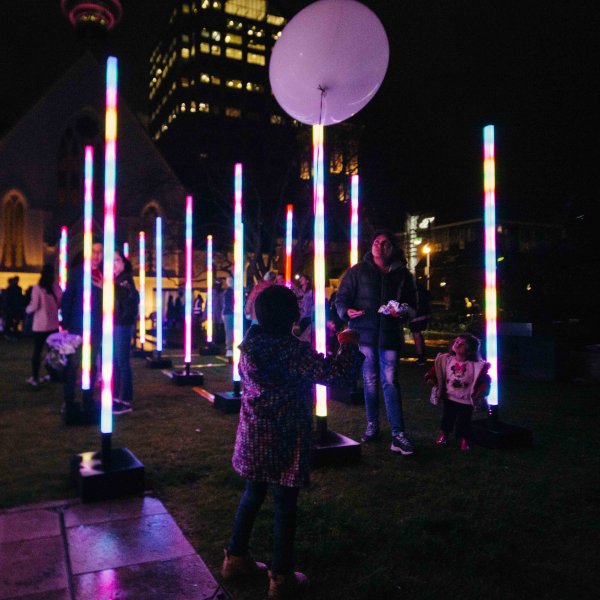 Late Night Art in the city centre 2018 - kids exploring Light Field by James Russell in St Patrick's Square, Light Field. Image: Sacha Stejko. 