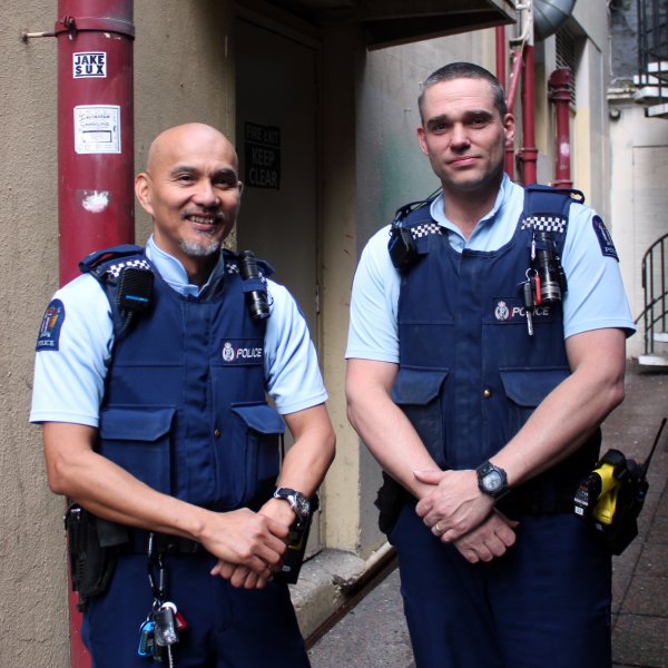 Constables Ding Capunitan and Will Kerr in Exchange Lane in Auckland's city centre. Image: Heart of the City