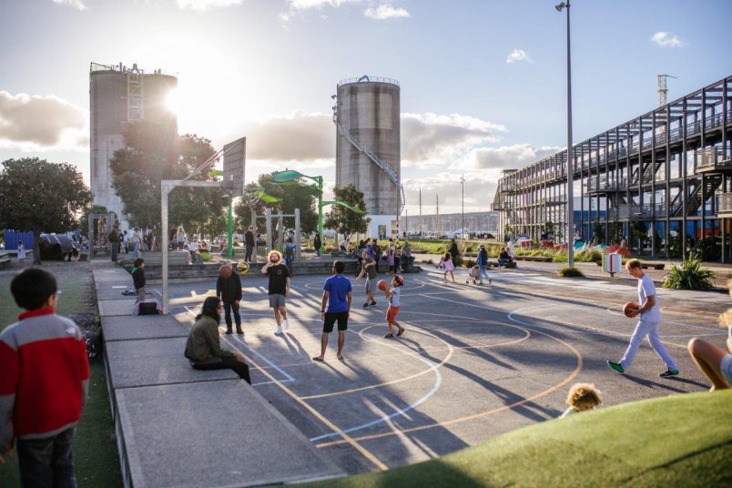 People playing basketball at Silo Park, Wynyard Quarter in Auckland's city centre. Image: Sacha Stejko.