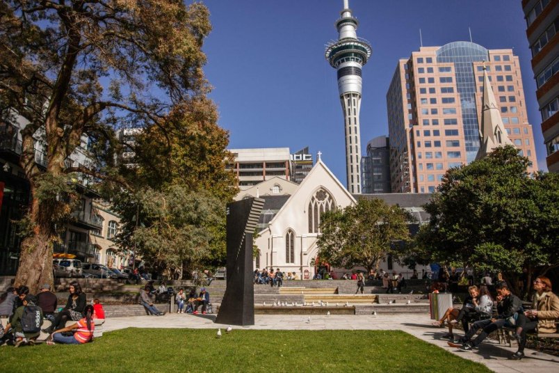 St Patrick's Square in Auckland's city centre, with public art and cathedral in view