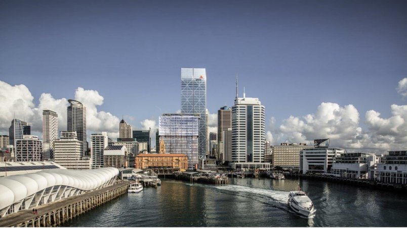 Artist's impression of One Queen Street from Waitemata Harbour with the ferry terminal and PWC tower visible. Image: Precinct Properties