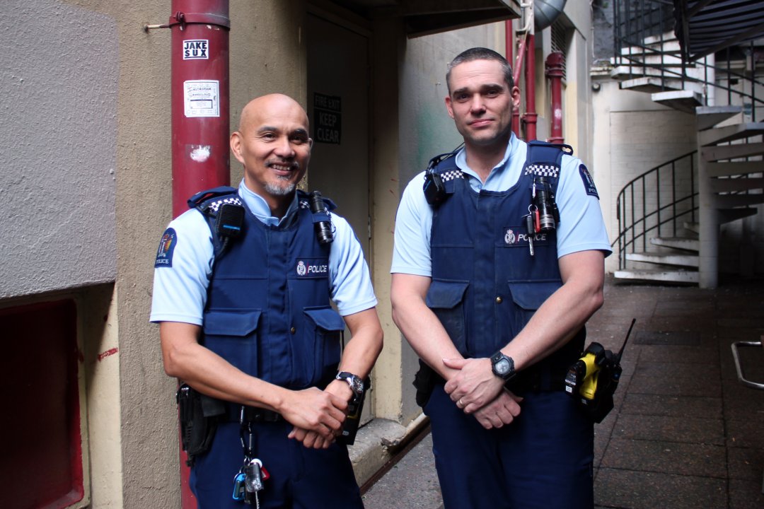 Constables Ding Capunitan and Will Kerr in Exchange Lane in Auckland's city centre. Image: Heart of the City