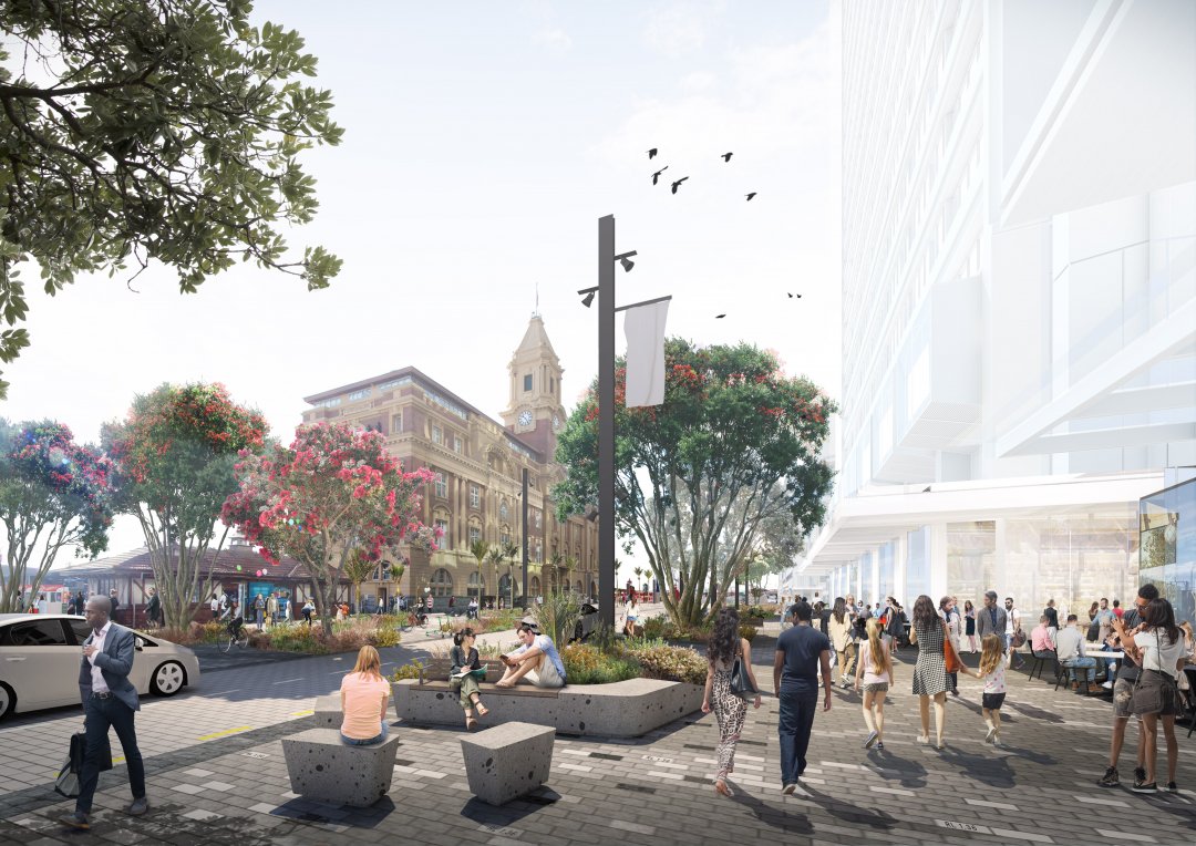 Artist's impression - Quay Street with priority given to spaces for people and less room for cars. Image: Auckland Council