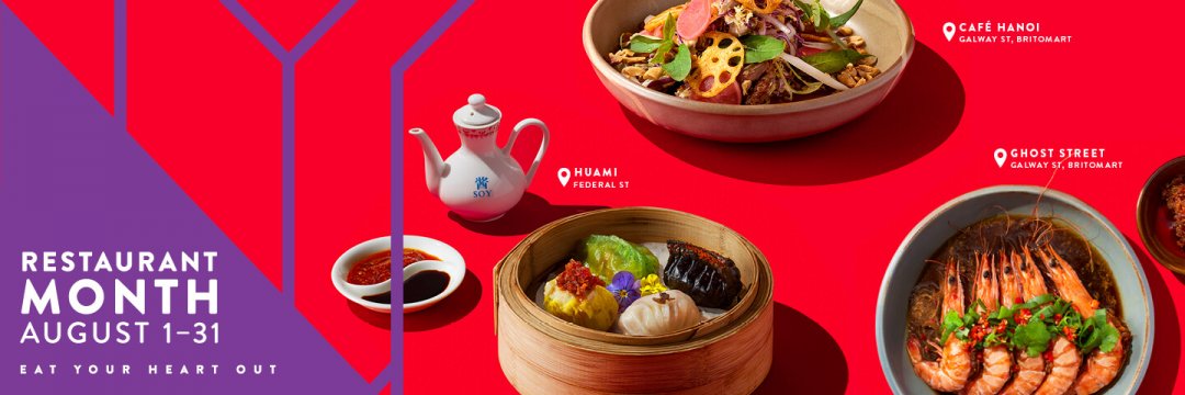 Restaurant Month 2021 promotional banner with with clear cut food photography of dishes from Ghost Street, Cafe Hanoi and Huami on a red background and a purple geometric design. 